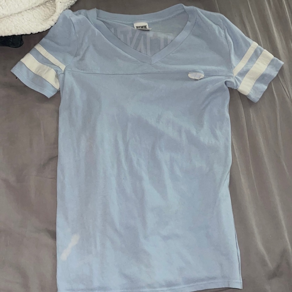 PINK top, light blue, v-neck